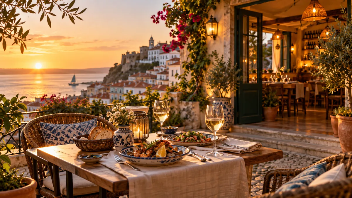 Mesa de restaurante português junto à costa — imagem ilustrativa
